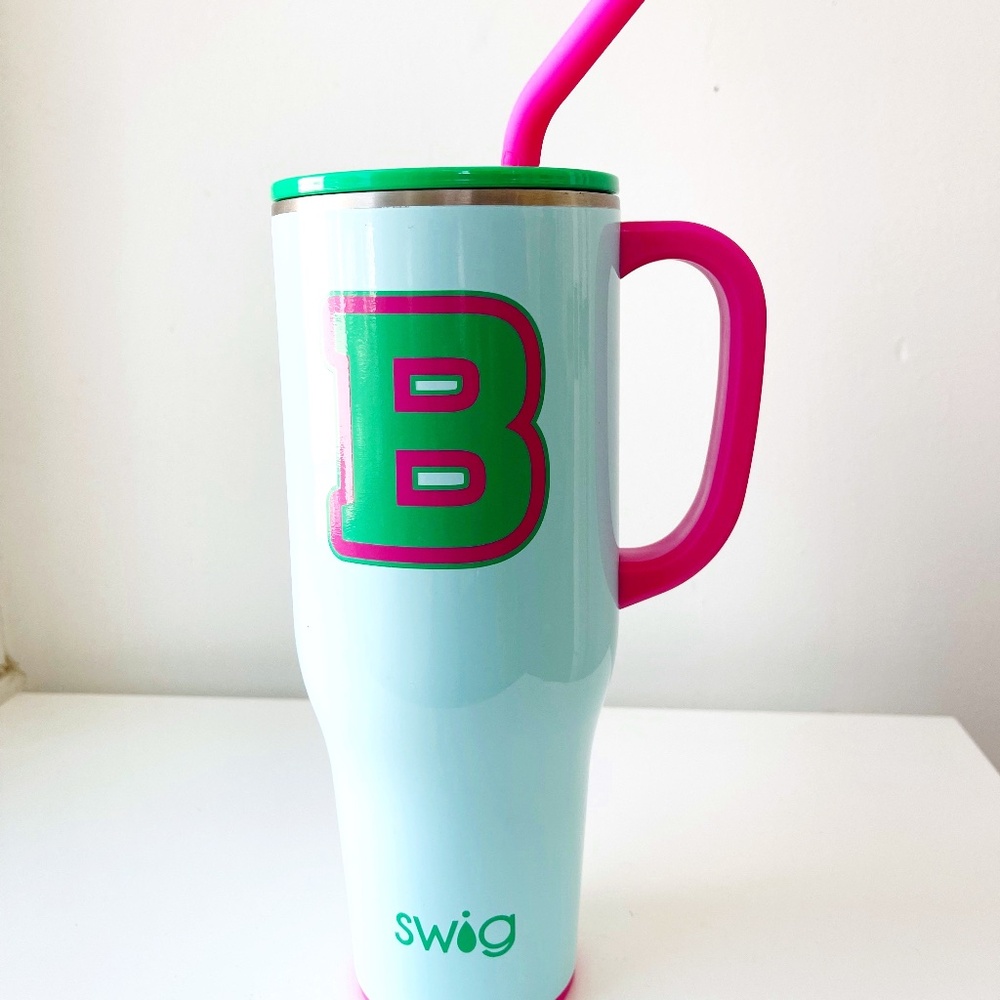 Swig Mega Mug Light Blue Pink Handle B Initial - 40 Oz